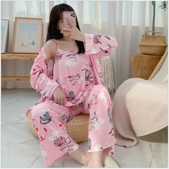 3 Piece Pajamas Floral Printed Autumn Robe Sleep Wear