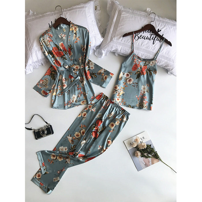 3 Piece Satin Flower Print Nightwear Pajama and Robe set