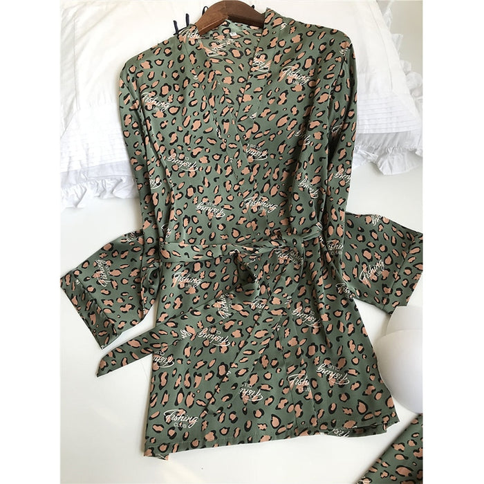 3 Piece Satin Flower Print Nightwear Pajama and Robe set