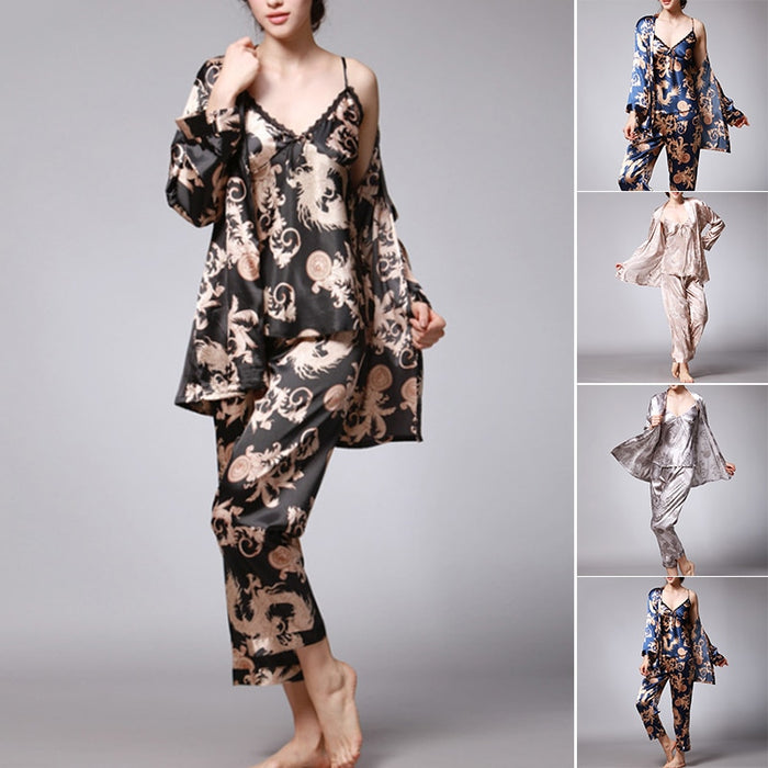 3 Piece Pajamas Silk Satin Sleepwear Printed Robe