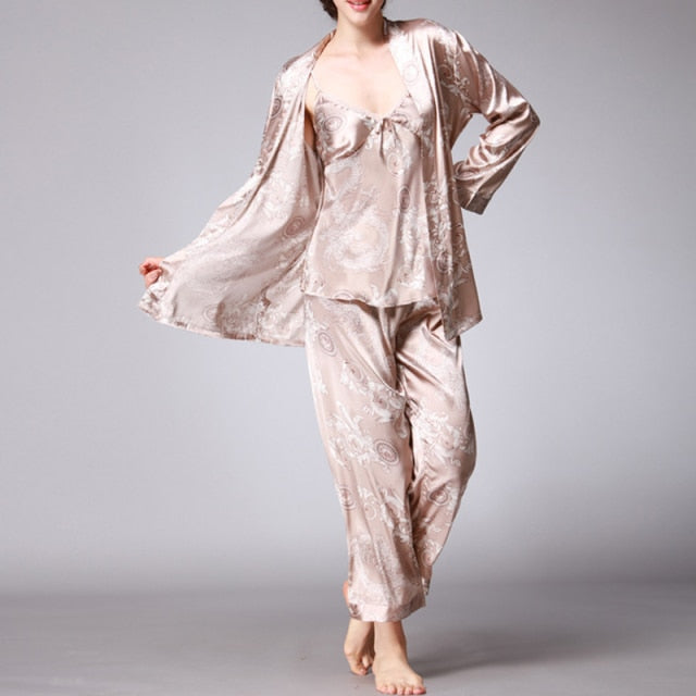 3 Piece Pajamas Silk Satin Sleepwear Printed Robe