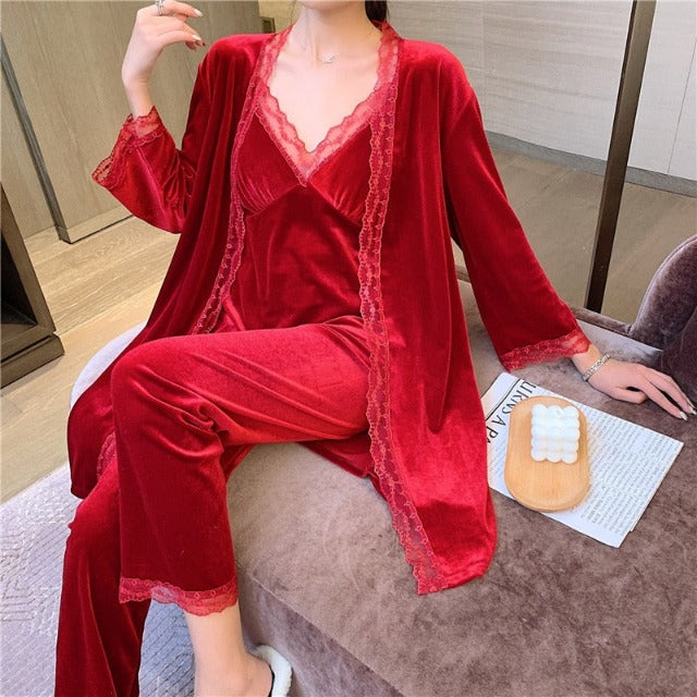 The Solid Laced Long 3 Piece Pajamas Set