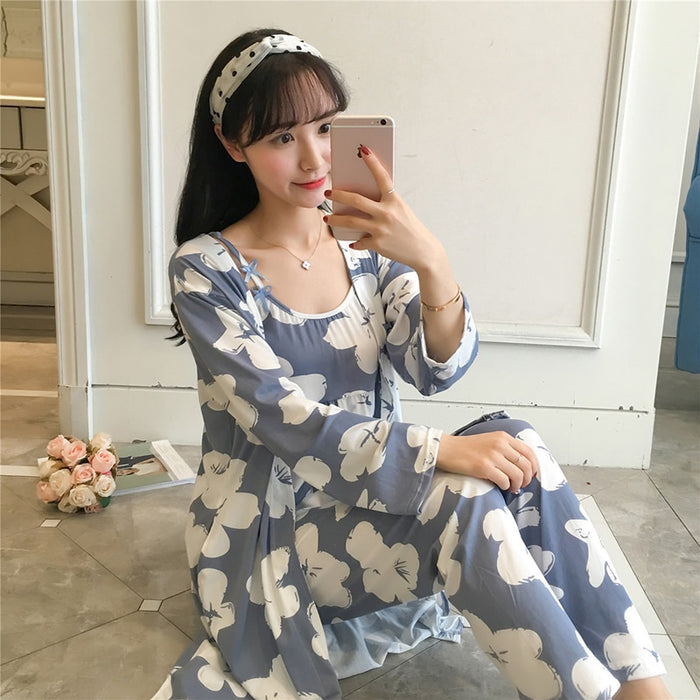 The Long Floral Cute 3 Piece Pajama Set