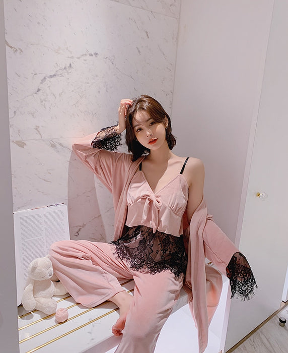 3 Pieces Pink Lace Floral Lady Robe Pajamas Sets Nightwear Home Wear