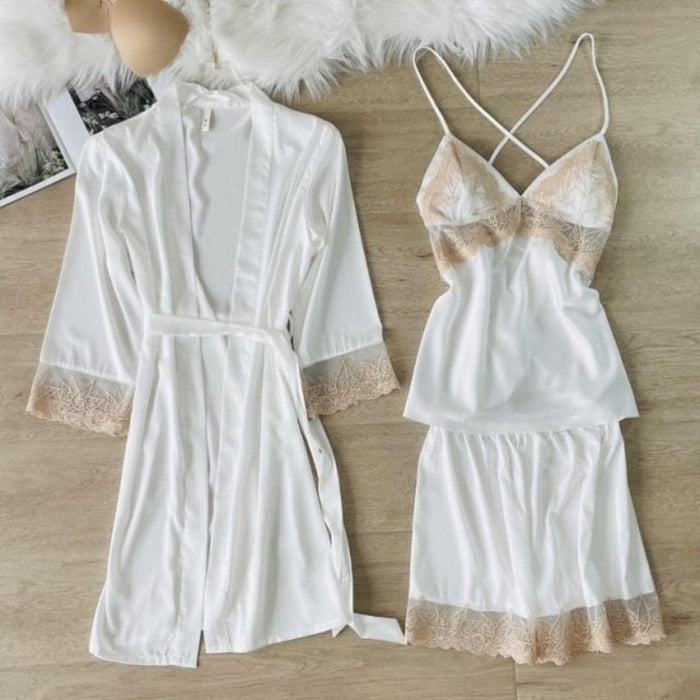 ZigZag Style Satin Summer Women Sleepwear 3 Piece Set