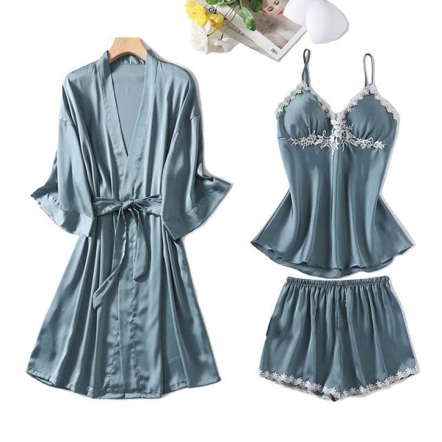 The New Summer Satin Silk 3 Piece Pajama Set Nightwear with Robe