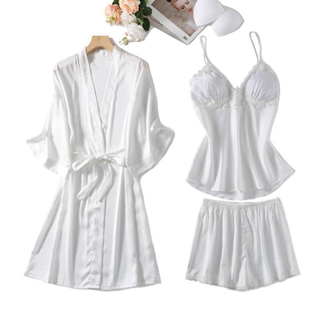 The New Summer Satin Silk 3 Piece Pajama Set Nightwear with Robe