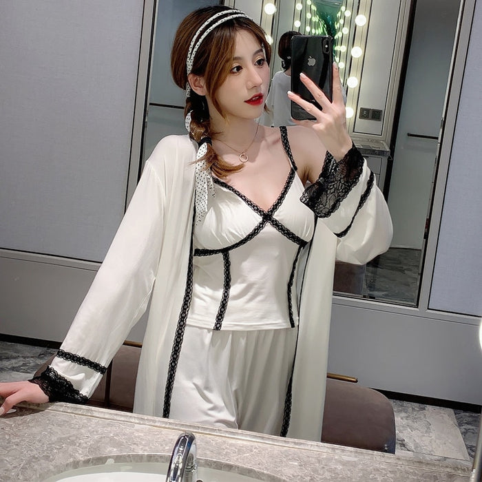 3 Piece Women Kimono Robe Sets Modal Strap Top