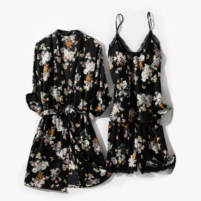 Floral Rayon 3 Piece Pajama Set Lady Nightwear With Chest Pads