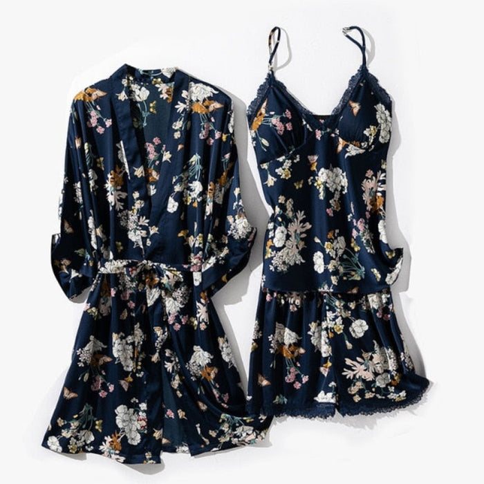 Floral Rayon 3 Piece Pajama Set Lady Nightwear With Chest Pads