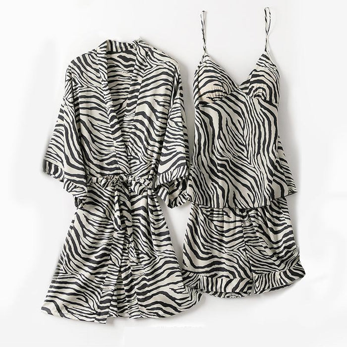 Leopard Pajamas Set 3 Pieces Sleepwear Robe Nightwear