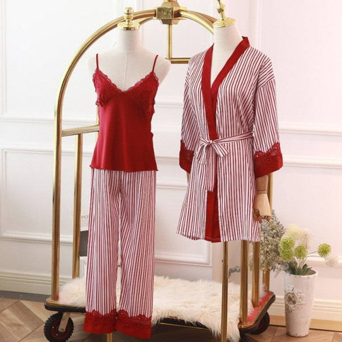 Stripe Printed 3 Piece Pajama Set With Robe Home Wear