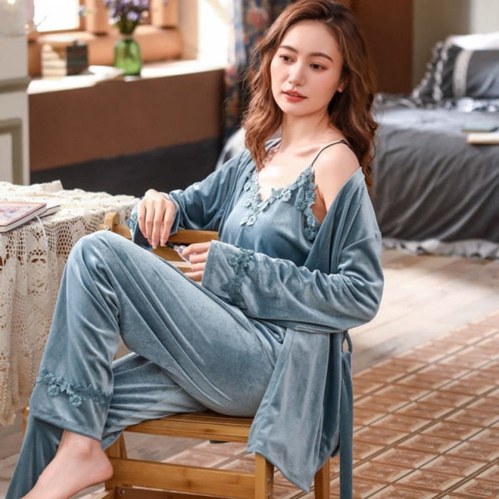 Best 3 Piece Women Lace Kimono Pajamas Set Sleepwear