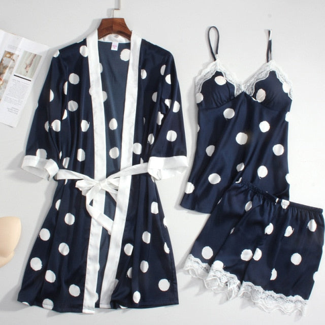 3 Piece Polka Dots Sleepwear Pajama Set Comfy Home Clothing