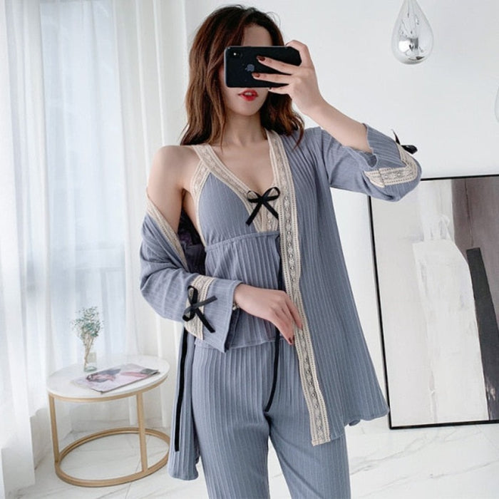 Lace Cotton 3 Piece Pajama Suit Patchwork Sleepwear