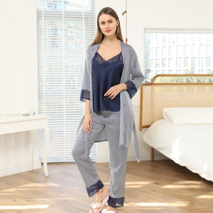 3Piece Women Faux Silk Pajamas Set Comfy Sleepwear