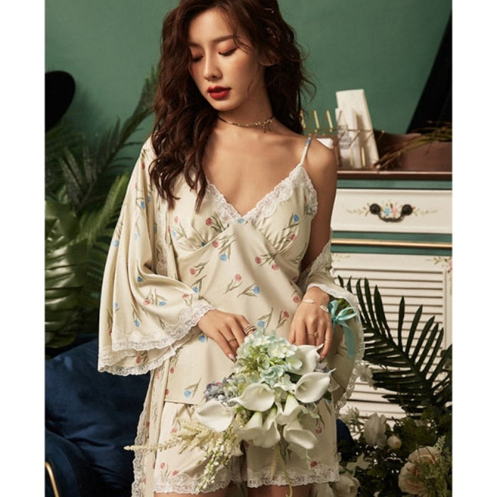 Lady Flower Print 3 Piece Best Comfy Pajamas Lace Trim Set