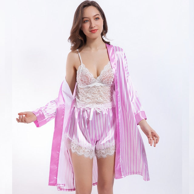 Women 3 Piece Pyjama Set Silk Satin Pajama Set Robe