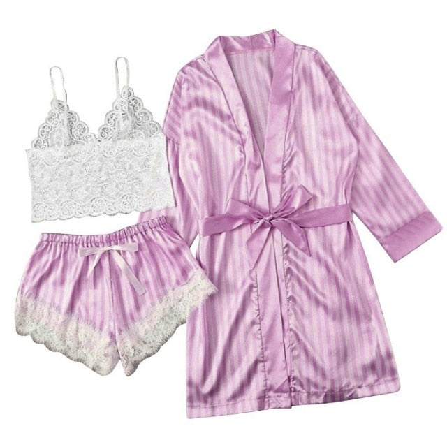 3 Piece Pajamas For Women Satin Lace Robe Sets