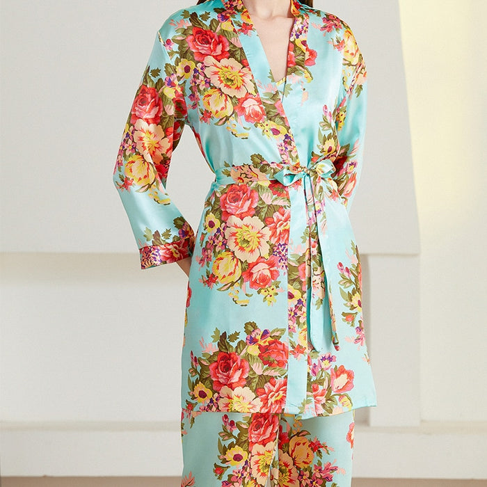 3 Pieces Flower Printed Long Sleeve Pajama Set Home Clothing