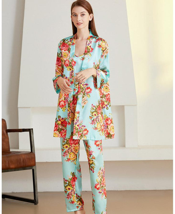 3 Pieces Flower Printed Long Sleeve Pajama Set Home Clothing