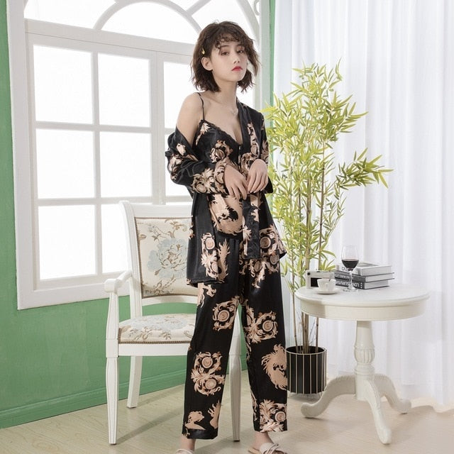 3 Piece Women Silk Pajamas Set Printed Slings Pants Loungewear