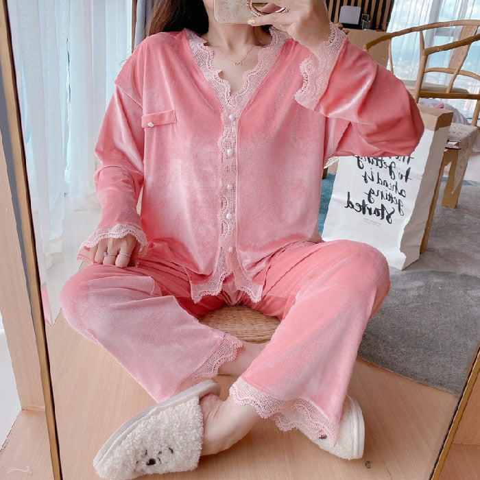 3PCS Pink Lady Pajamas Sets V-Neck Sleepwear Bride Home Wear