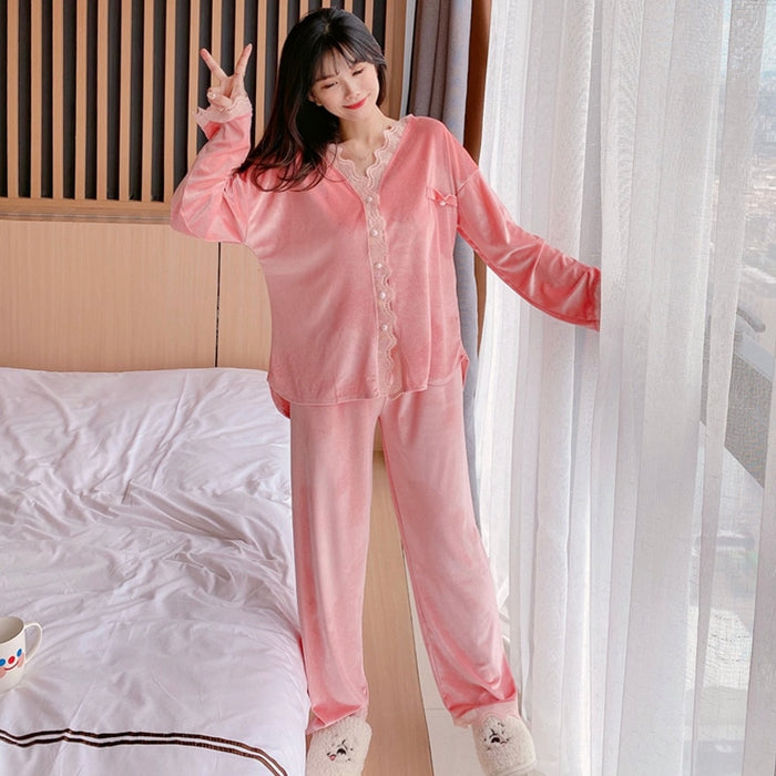 3PCS Pink Lady Pajamas Sets V-Neck Sleepwear Bride Home Wear