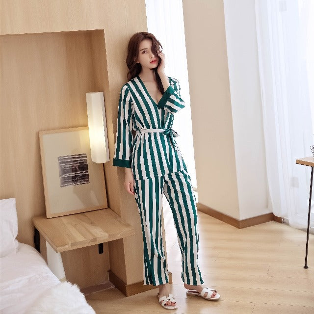Summer 3 Piece Shirt Pants Suit Sleepwear Casual Women Pajama Set