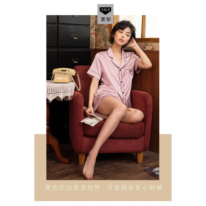 Women Suit Heart Embroidered Pajamas